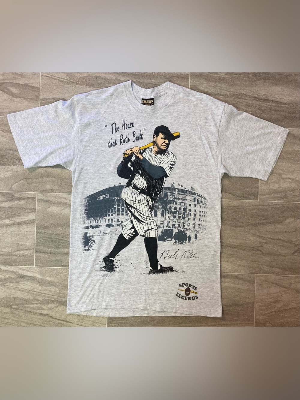 Vintage 1991 Babe Ruth Creative Sports Legends Grey Graphic Tee Baseball XL